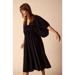 St Roche size S Lake Midi Dress Black Corduroy Pockets Empire Waist Goth Boho